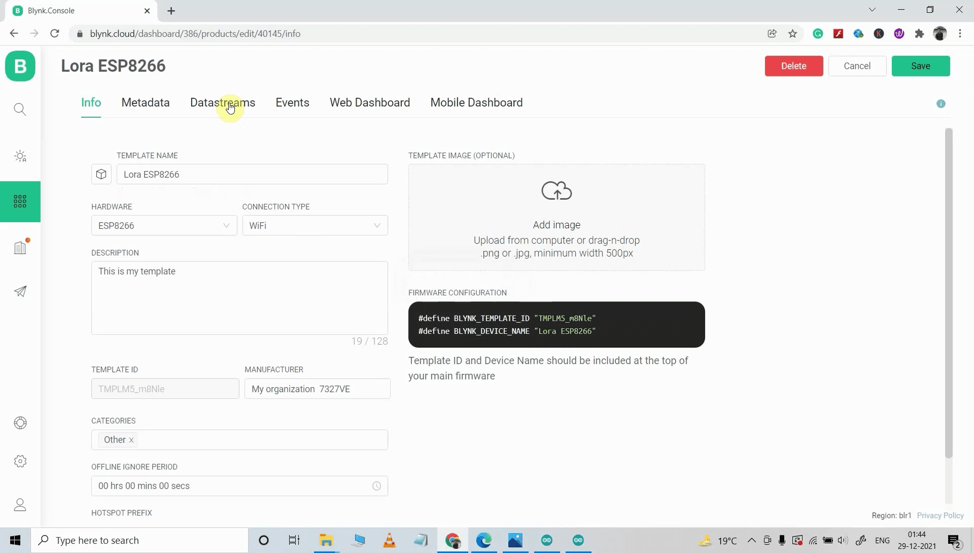 Create New Template for ESP8266 in Blynk Cloud