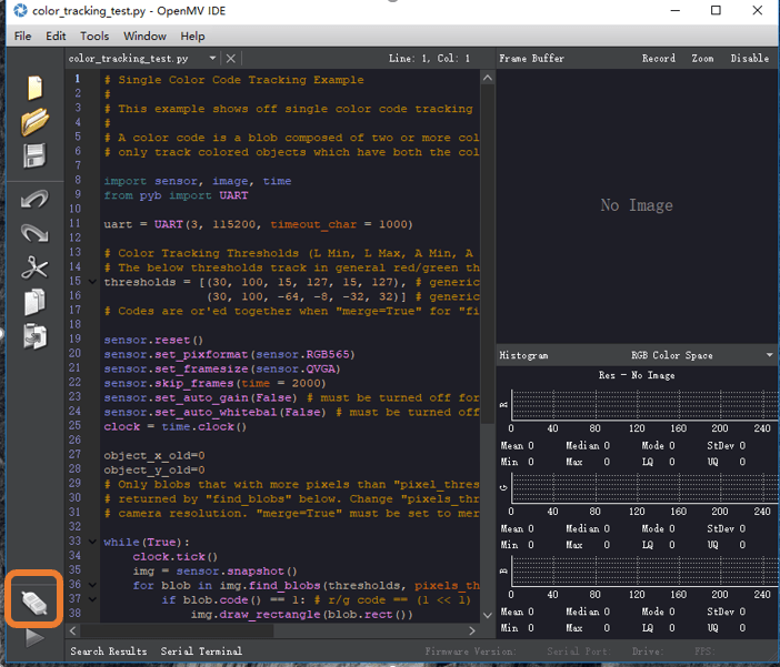 Open the Color_tracking_test.py (https://github.com/TonyLeheng/Vision-Pick-and-Place) by OpenMV IDE and Click the Connect Button to Detect the Device.