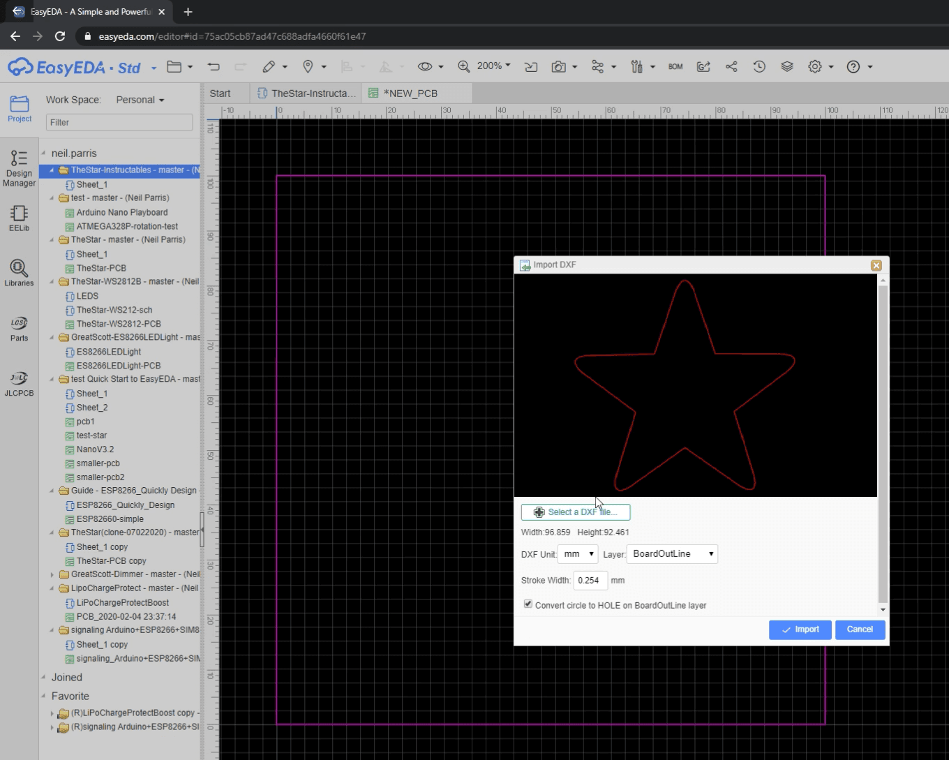 Import the .dxf Into EasyEDA to Create the Custom Shape