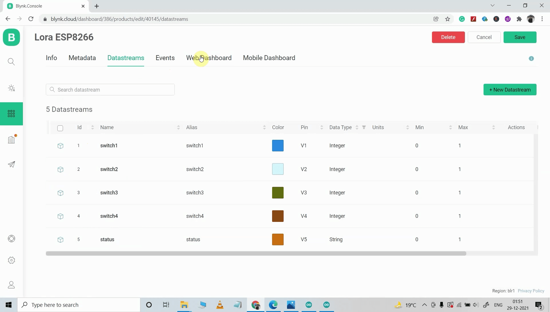 Create Datastreams in Blynk Cloud