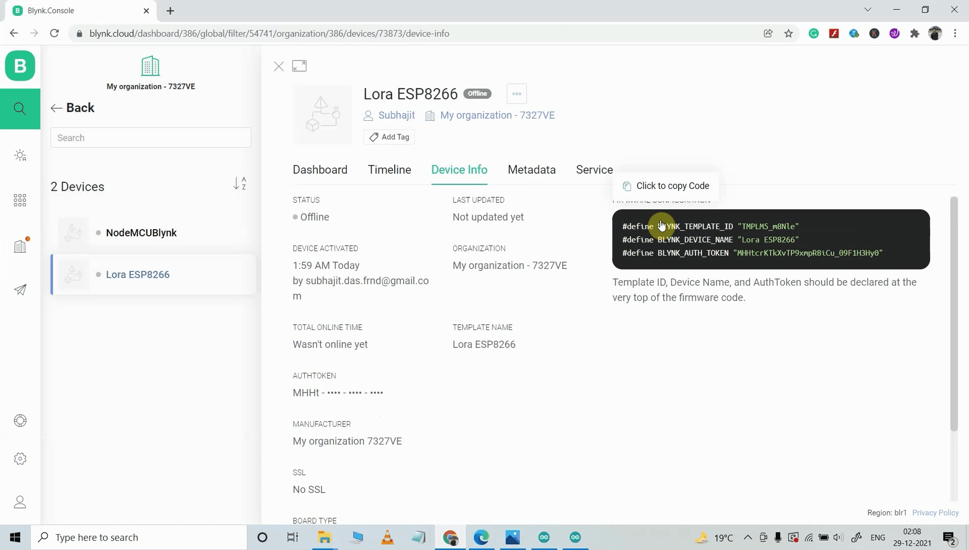 Add Device Using Template in Blynk IoT