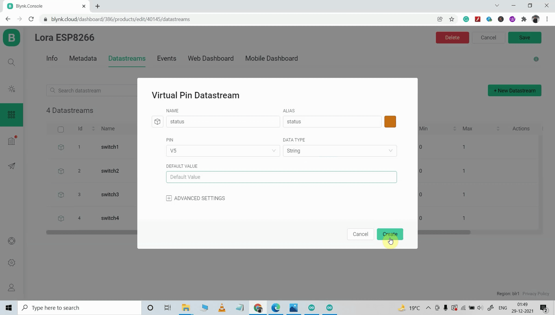 Create Datastreams in Blynk Cloud