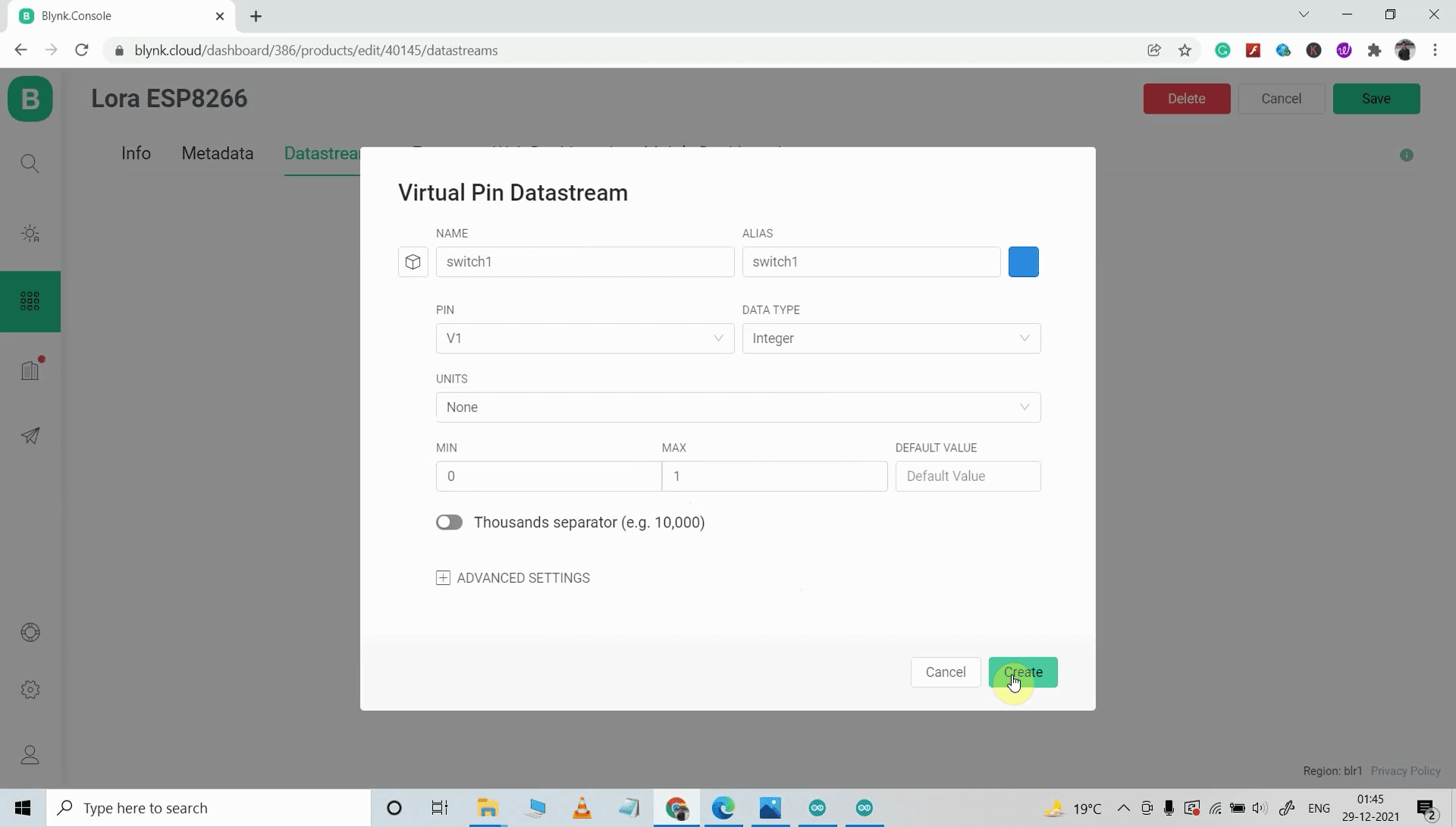 Create Datastreams in Blynk Cloud