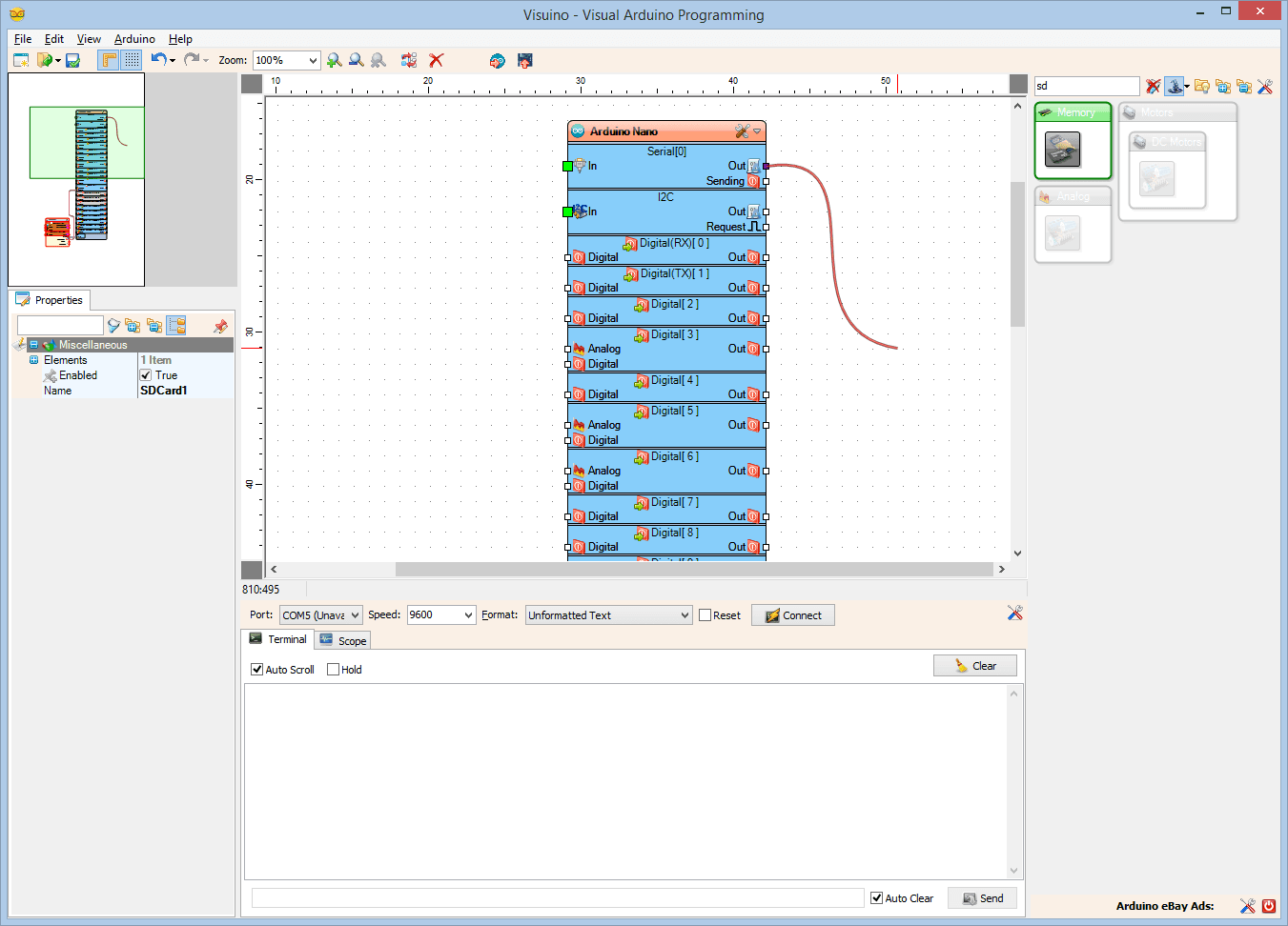 In Visuino: Connect the Serial Port to the File Element