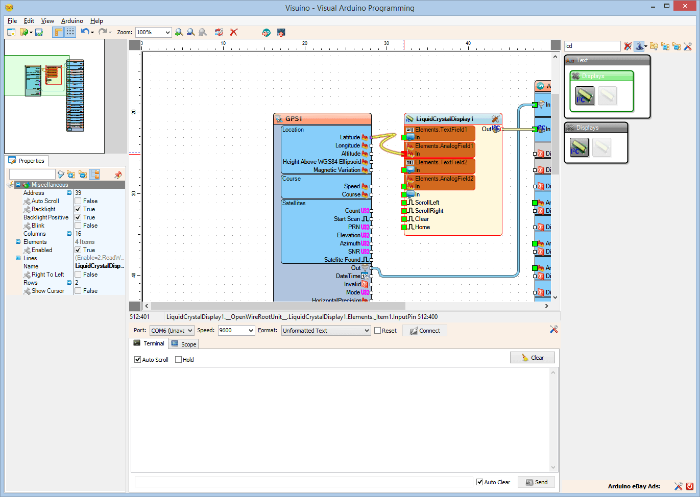 In Visuino: Connect the GPS Component to the Elements of the LCD Component