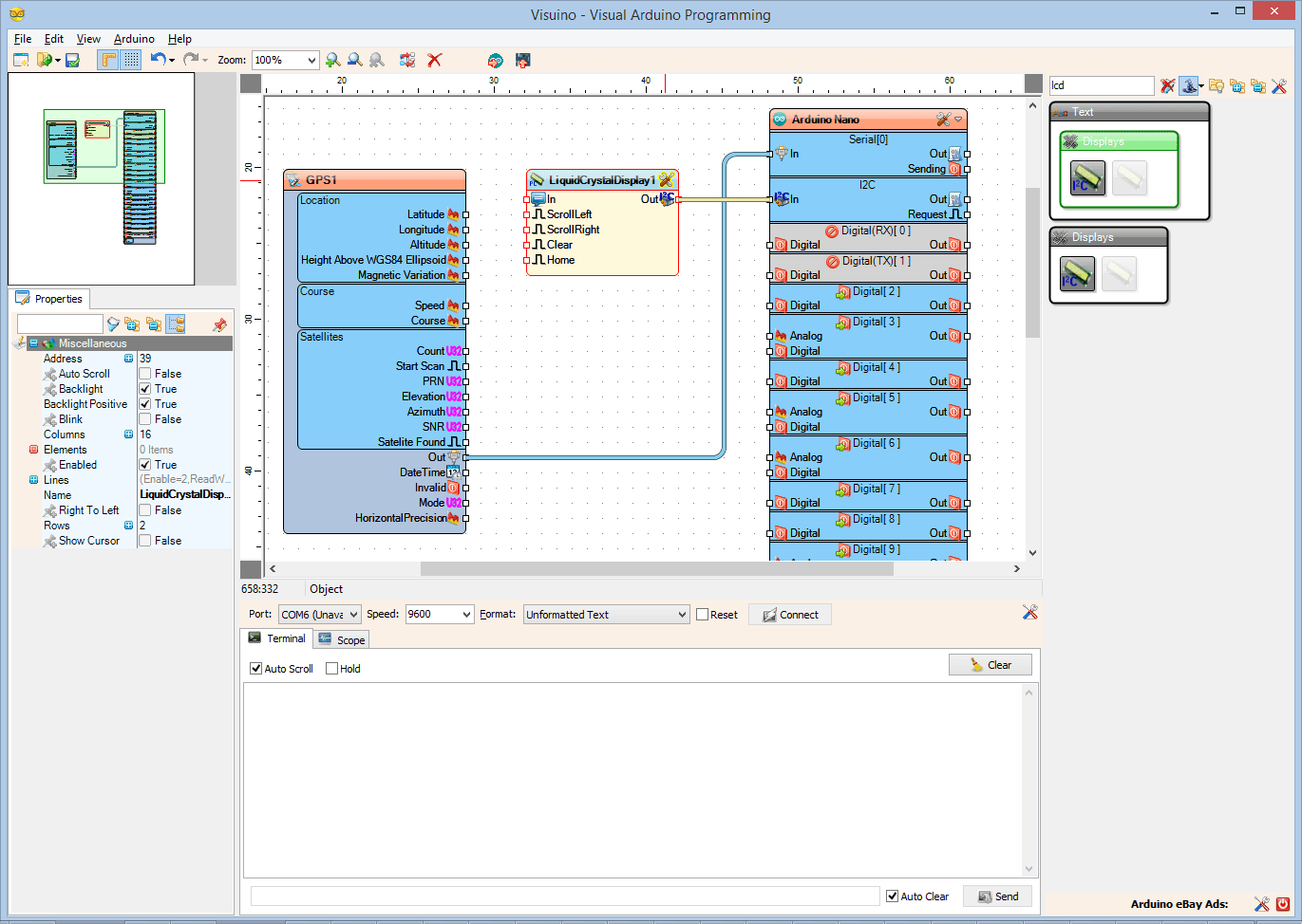 In Visuino: Add, and Setup Text and Analog Value Elements to Display the Latitude