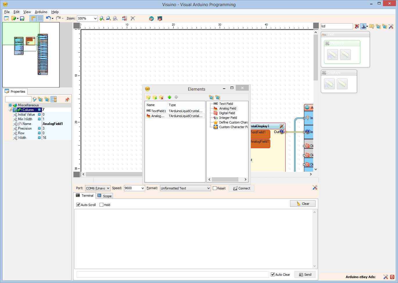 In Visuino: Add, and Setup Text and Analog Value Elements to Display the Latitude