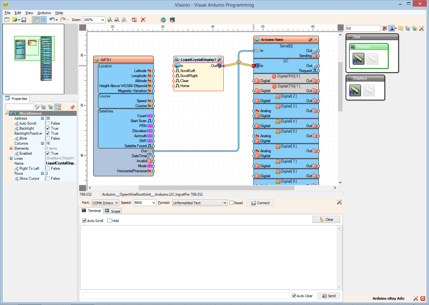 In Visuino: Add and Connect GPS, and LCD Components