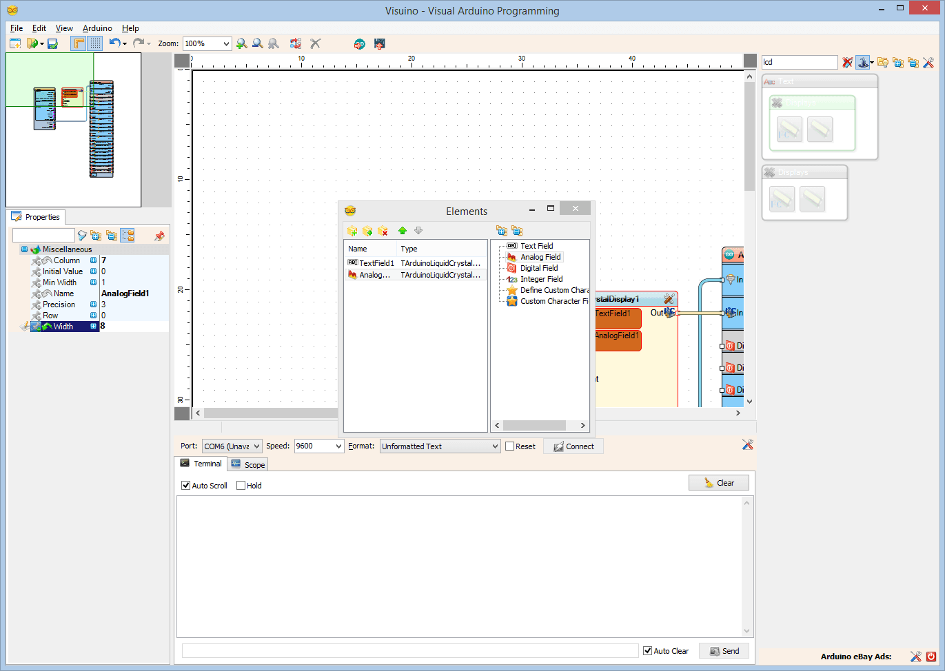 In Visuino: Add, and Setup Text and Analog Value Elements to Display the Latitude