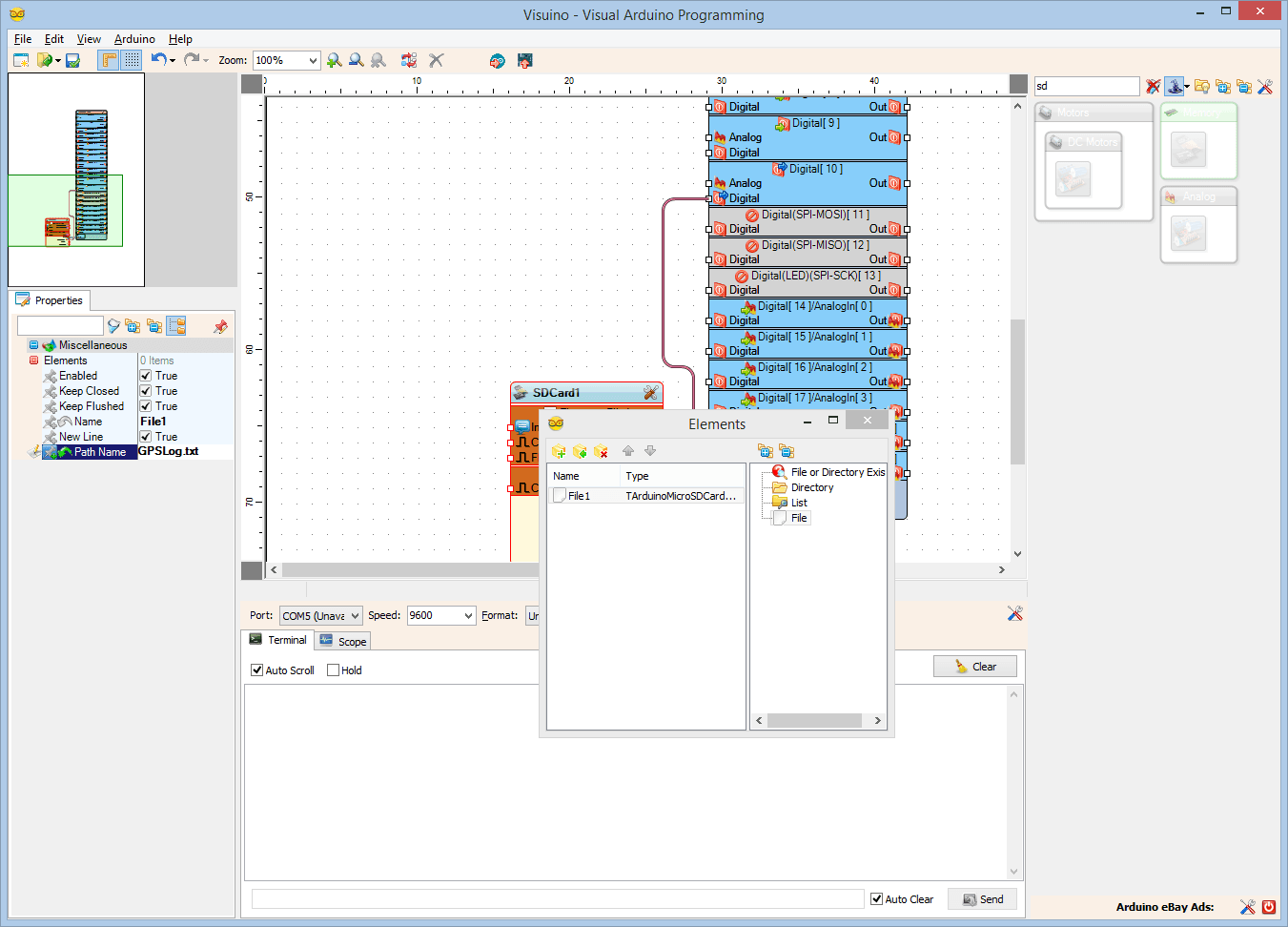 In Visuino: Add and Configure File Element to the MicroSD Card Component