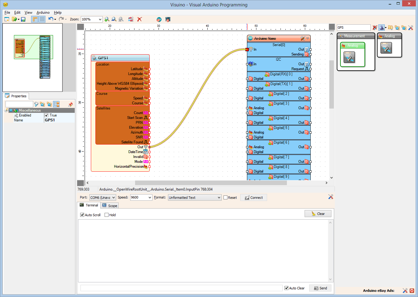In Visuino: Add and Connect GPS, and LCD Components