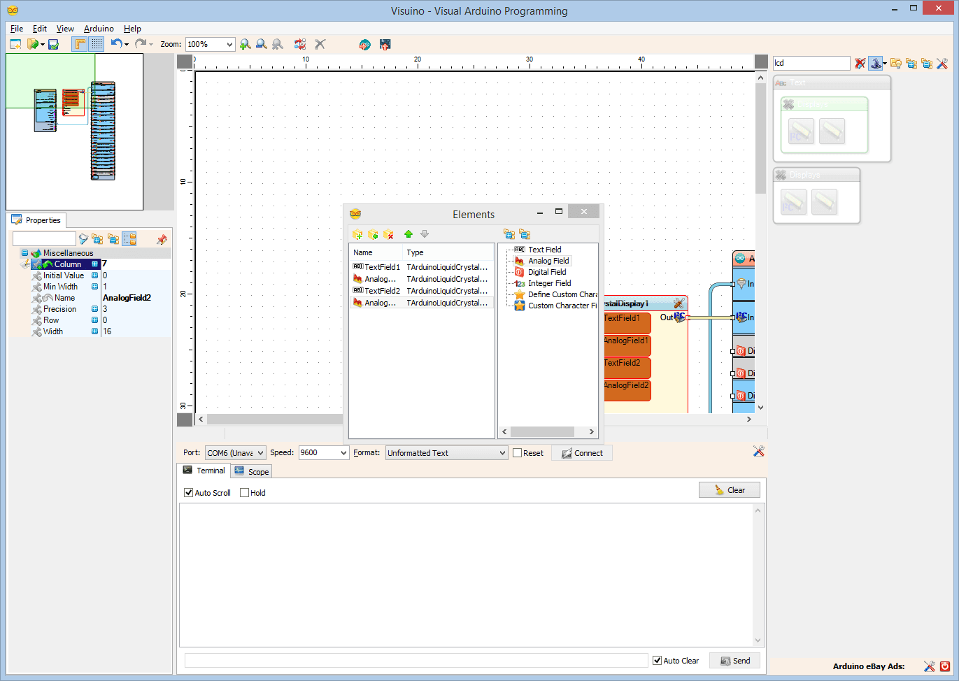 In Visuino: Add, and Setup Analog Value Element to Display the Longitude