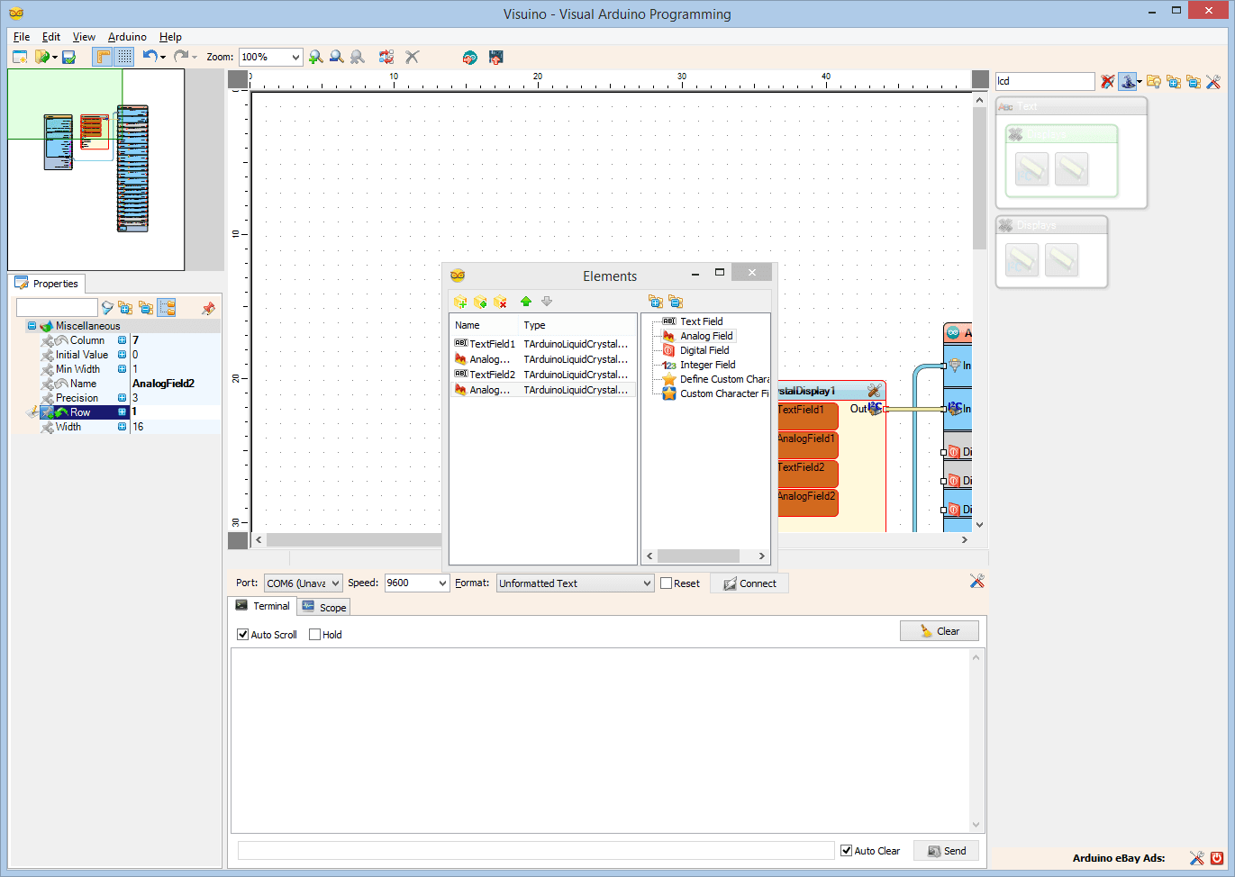 In Visuino: Add, and Setup Analog Value Element to Display the Longitude