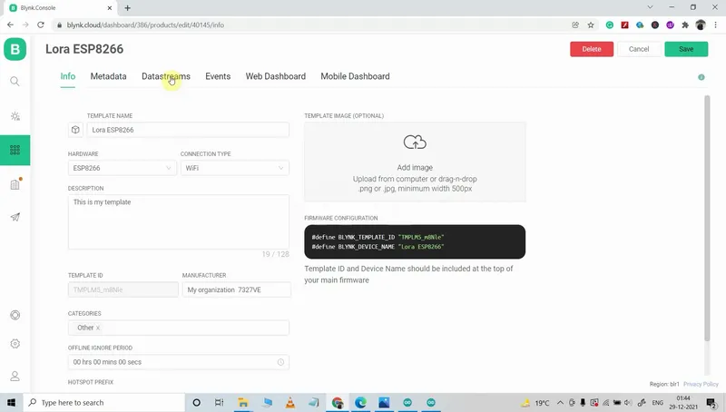 Create New Template for ESP8266 in Blynk Cloud