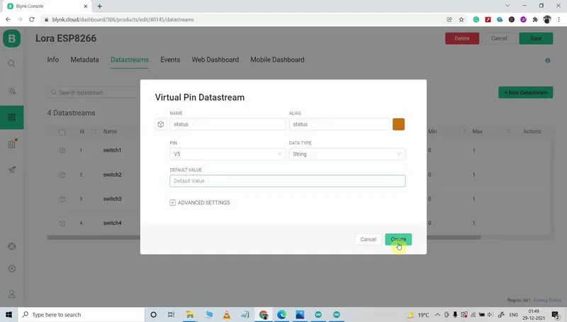 Create Datastreams in Blynk Cloud