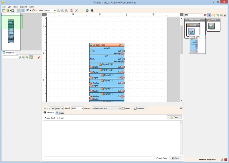 In Visuino: Add and Connect GPS, and LCD Components