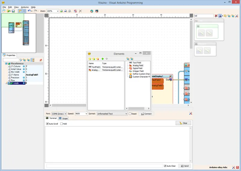 In Visuino: Add, and Setup Text and Analog Value Elements to Display the Latitude