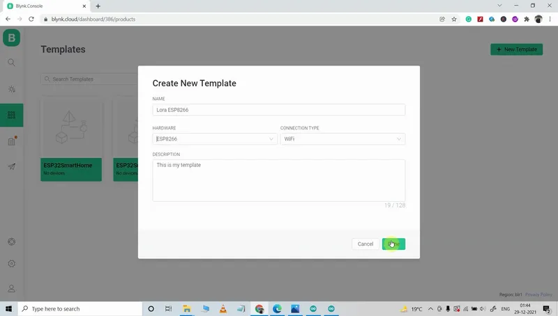 Create New Template for ESP8266 in Blynk Cloud