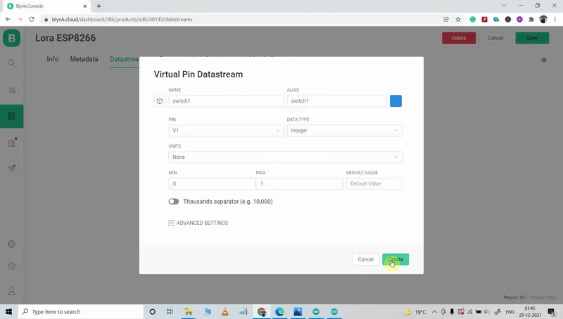Create Datastreams in Blynk Cloud