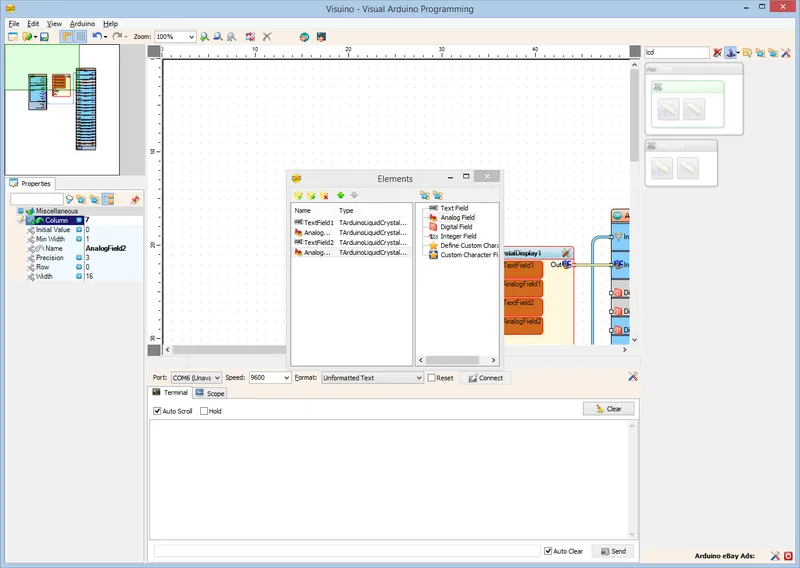 In Visuino: Add, and Setup Analog Value Element to Display the Longitude