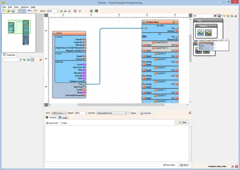 In Visuino: Add and Connect GPS, and LCD Components