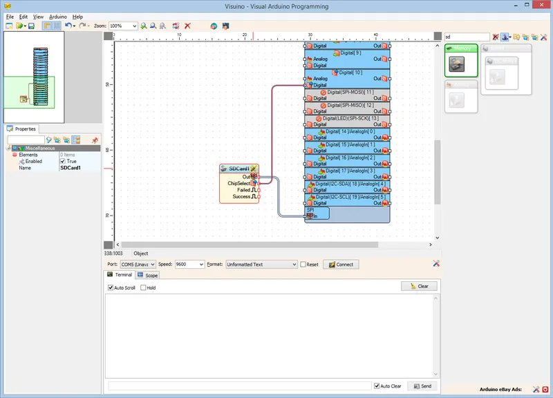 In Visuino: Add and Configure File Element to the MicroSD Card Component
